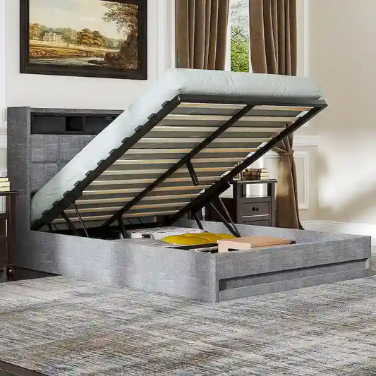 VECELO Lift Up Storage Bed/Modern Wingback Headboard/Upholstered Platform Bed Frame/Hydraulic Storage