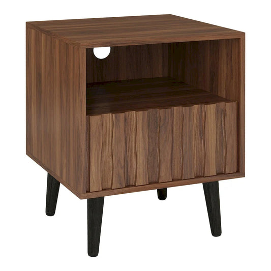 Mid-Century Modern Nightstand, Fluted End Table Drawer & Open Storage