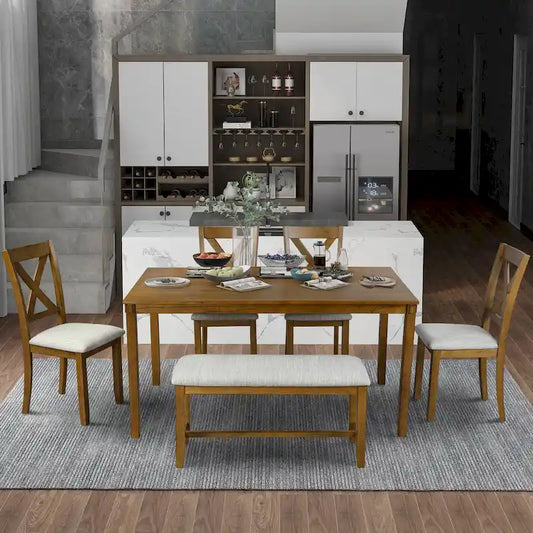 6-Piece Wooden Kitchen Dining Table Set with 4 Chairs and Bench