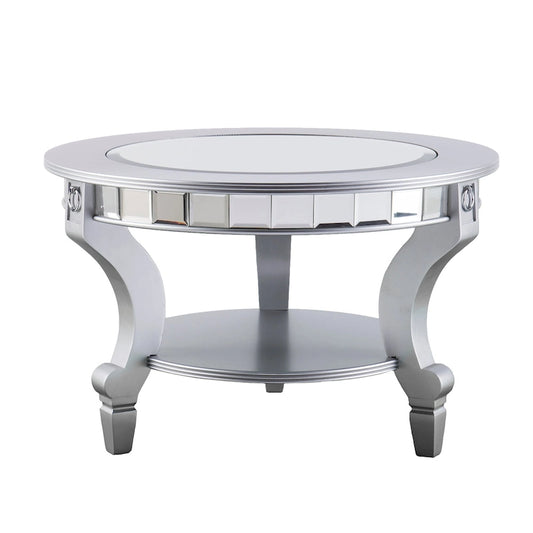 SEI Furniture Olivia Contemporary Mirrored Round Coffee Table in Matte Silver Details and Shelf
