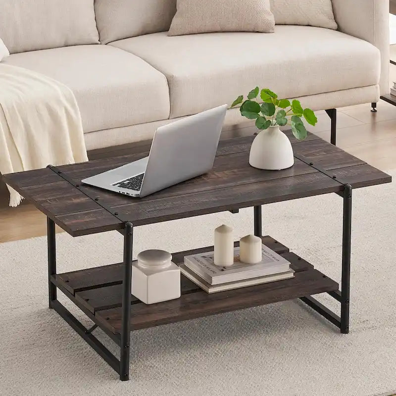 2-Tier Modern Industrial 41 Large Wood Coffee Table with Storage Shelf