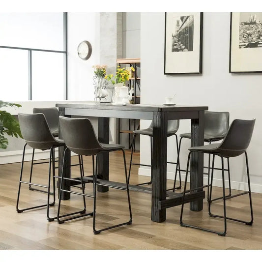 Roundhill Furniture Lotusville 7-PC Antique Black Wood Table with Faux Leather Barstools