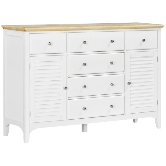 HOMCOM Modern Sideboard with Drawers, Buffet Cabinet with Storage Cabinets, Rubberwood Top and Adjustable Shelves, White
