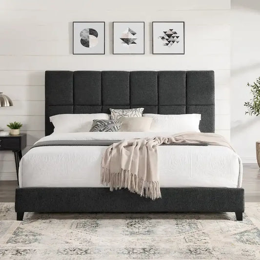 Bridgevine Home Tall Granite Dark Grey Square Headboard Upholstered Platform Bed