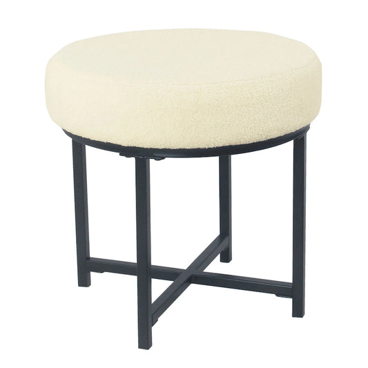 Round Upholstered top Ottoman on metal frame - Cream Faux Sheepskin