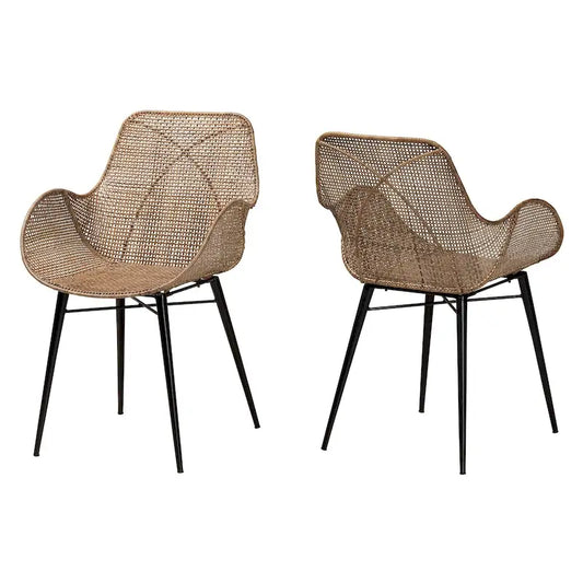 Ballerina Modern Bohemian Greywashed Rattan and Black Metal 2-Piece Dining Chair Set