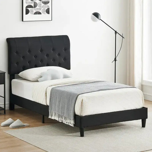 Twin Size Bed Frame with Curved Upholstered Headboard