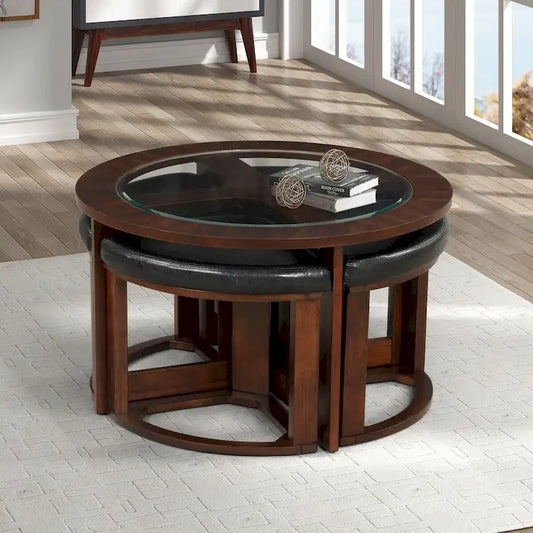Solid Wood Glass Top Round Table Set, Coffee Table with 4 Stools