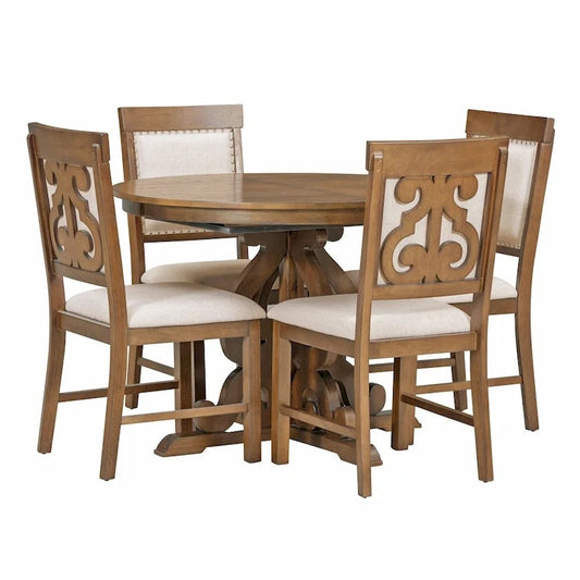 5-Piece Retro Functional Dining Set,a 16-Inch Leaf and 4 Upholstered Chairs for Dining Room and Kitchen