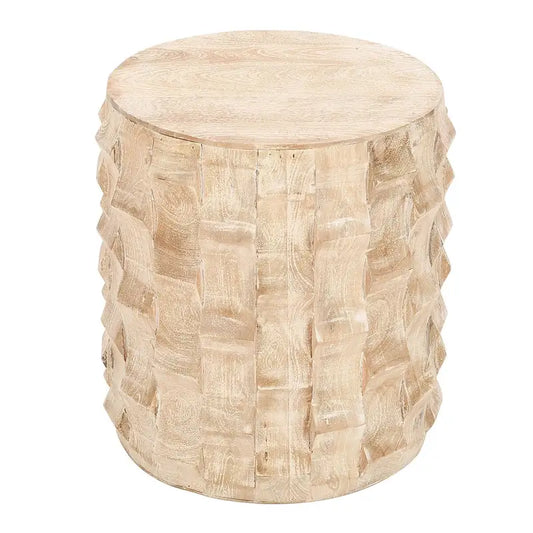 20 Inch Side End Table, Round Drum Shape with 3D Textured Design, Distressed White Finish