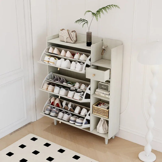 Shoe Cabinet, Shoe Rack Cabinet with 3 Rattan Flip Drawers,3 Square Shelves and 1 Storage Drawer
