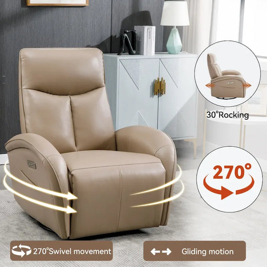 Leatheraire Swivel and Rocker Power Recliner Chair with Lumbar Support, Max Swivel Degree 270, USB and Type-C Ports