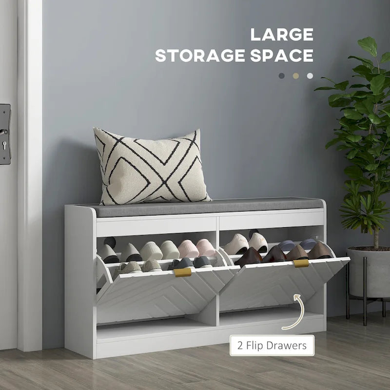 Entryway Bench with 2 Flip Drawers, Seating Cushion, and 2 Vents for 8 Pairs of Shoes for Hallway