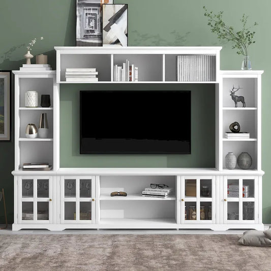 White Entertainment Wall Unit with Bridge & Tempered Glass Door for 70 TVs