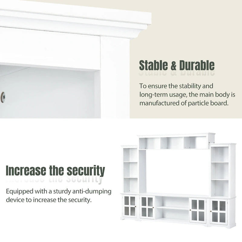 White Entertainment Wall Unit with Bridge & Tempered Glass Door for 70 TVs