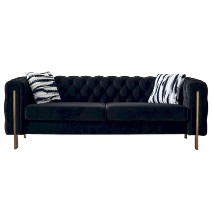 84.25 Button Tufted Upholstered 3-Seater Sofa with Gold Decoration