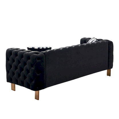 84.25 Button Tufted Upholstered 3-Seater Sofa with Gold Decoration