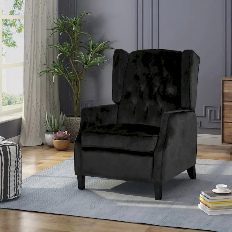 Black Velvet Mid-Century Wingback Push-Back Recliner with Footrest, Button-tufted Back