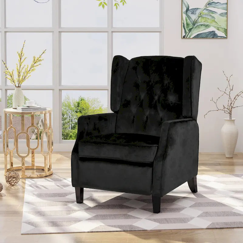 Black Velvet Mid-Century Wingback Push-Back Recliner with Footrest, Button-tufted Back