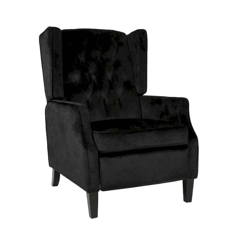 Black Velvet Mid-Century Wingback Push-Back Recliner with Footrest, Button-tufted Back
