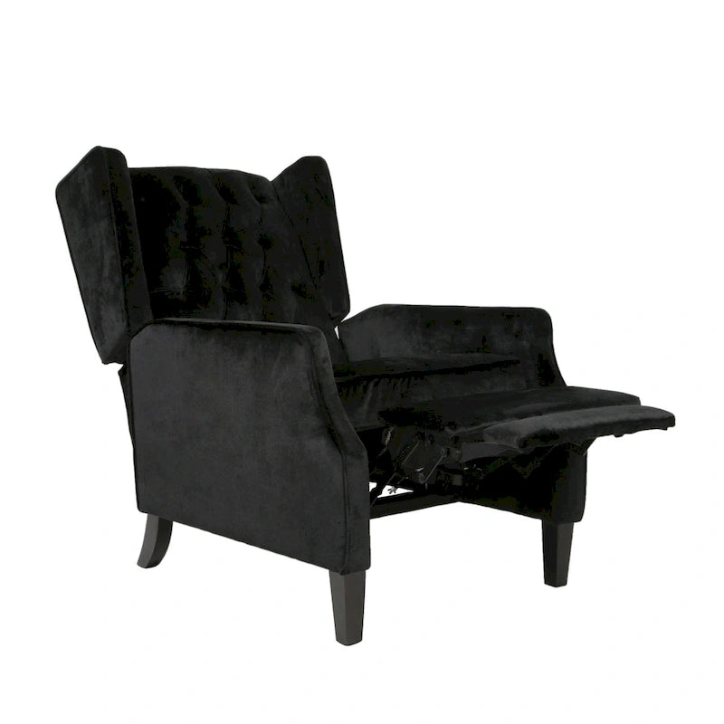 Black Velvet Mid-Century Wingback Push-Back Recliner with Footrest, Button-tufted Back