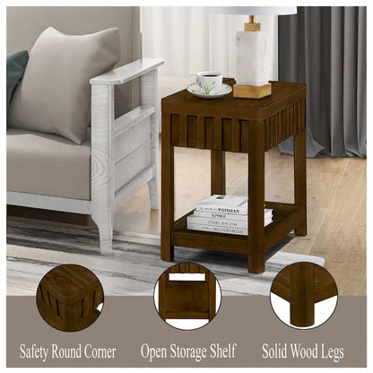 25 Rectangular Farmhouse End Table with Storage Shelf, Sofa Side Table with Solid Wood Legs for Living Room, Bedroom, Office