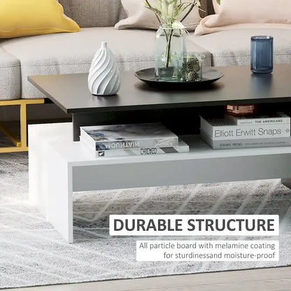 Modern Coffee Table, 2-tier Rectangular Center Table with Storage Shelves for Living Room, Black/White