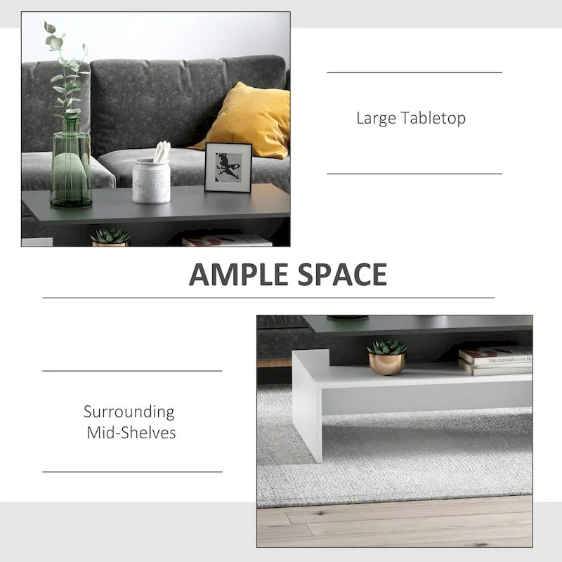 Modern Coffee Table, 2-tier Rectangular Center Table with Storage Shelves for Living Room, Black/White