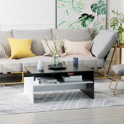Modern Coffee Table, 2-tier Rectangular Center Table with Storage Shelves for Living Room, Black/White