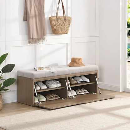 49 Entryway Shoe Storage Bench with Double Doors & Padded Cushion,Space-Saving Ottoman