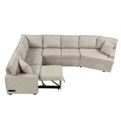 126 L-shaped Sofa Sectional Sofa Couch Pull-out Sofa Bed with Charging Devices and Cup Holders for Living Room, Beige