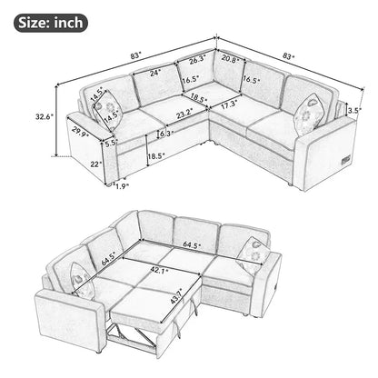 L-Shaped Pull Out Sofa Bed Modern Convertible Sleeper Sofa with 2 USB ports, 2 Power Sockets and 3 Pillows