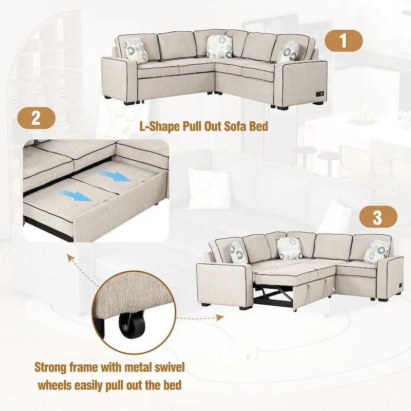 L-Shaped Pull Out Sofa Bed Modern Convertible Sleeper Sofa with 2 USB ports, 2 Power Sockets and 3 Pillows
