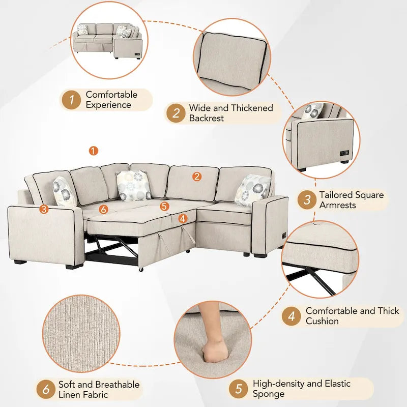 L-Shaped Pull Out Sofa Bed Modern Convertible Sleeper Sofa with 2 USB ports, 2 Power Sockets and 3 Pillows