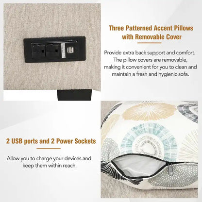 L-Shaped Pull Out Sofa Bed Modern Convertible Sleeper Sofa with 2 USB ports, 2 Power Sockets and 3 Pillows