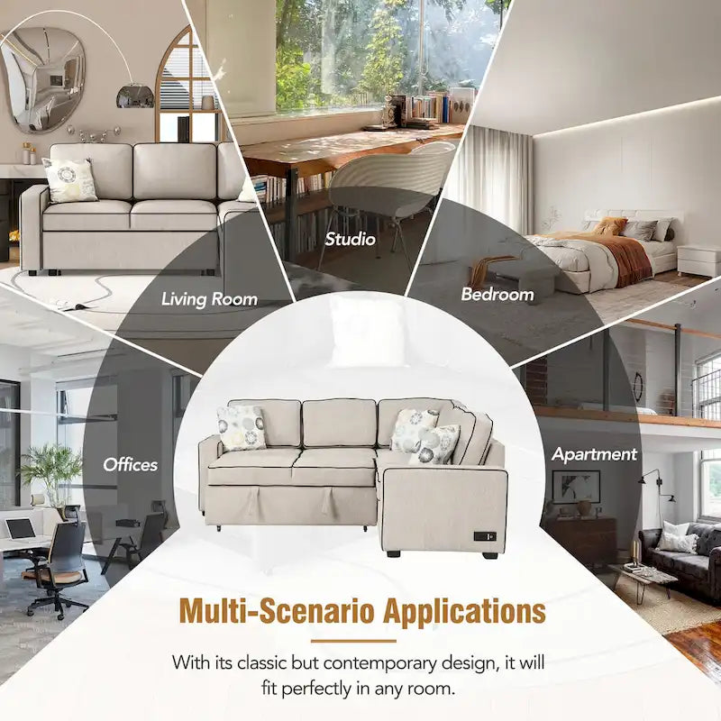 L-Shaped Pull Out Sofa Bed Modern Convertible Sleeper Sofa with 2 USB ports, 2 Power Sockets and 3 Pillows