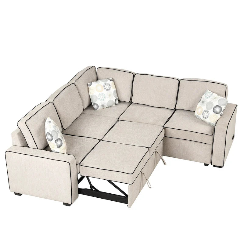 L-Shaped Pull Out Sofa Bed Modern Convertible Sleeper Sofa with 2 USB ports, 2 Power Sockets and 3 Pillows