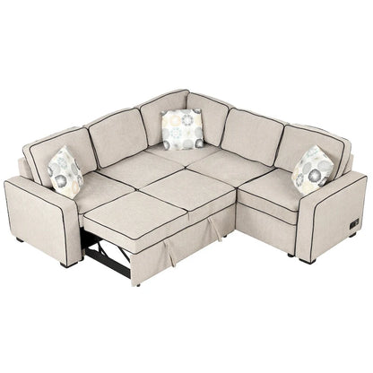 L-Shaped Pull Out Sofa Bed Modern Convertible Sleeper Sofa with 2 USB ports, 2 Power Sockets and 3 Pillows