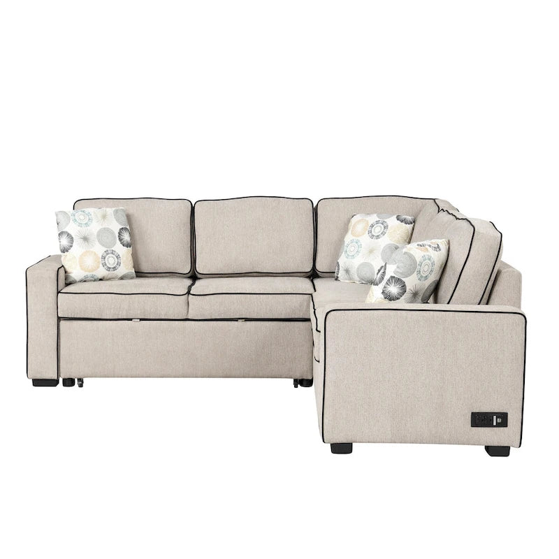 L-Shaped Pull Out Sofa Bed Modern Convertible Sleeper Sofa with 2 USB ports, 2 Power Sockets and 3 Pillows