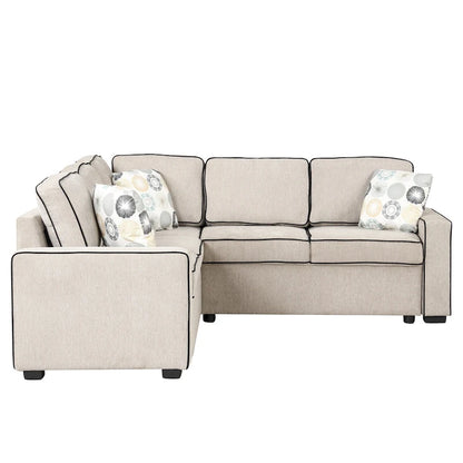 L-Shaped Pull Out Sofa Bed Modern Convertible Sleeper Sofa with 2 USB ports, 2 Power Sockets and 3 Pillows