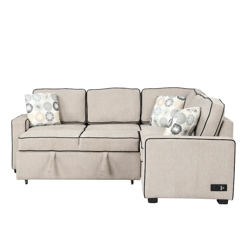 L-Shaped Pull Out Sofa Bed Modern Convertible Sleeper Sofa with 2 USB ports, 2 Power Sockets and 3 Pillows