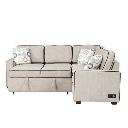 L-Shaped Pull Out Sofa Bed Modern Convertible Sleeper Sofa with 2 USB ports, 2 Power Sockets and 3 Pillows