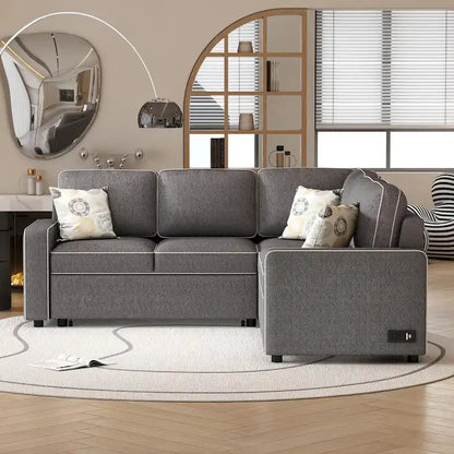 L-Shaped Pull Out Sofa Bed Modern Convertible Sleeper Sofa with 2 USB ports, 2 Power Sockets and 3 Pillows