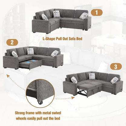 L-Shaped Pull Out Sofa Bed Modern Convertible Sleeper Sofa with 2 USB ports, 2 Power Sockets and 3 Pillows
