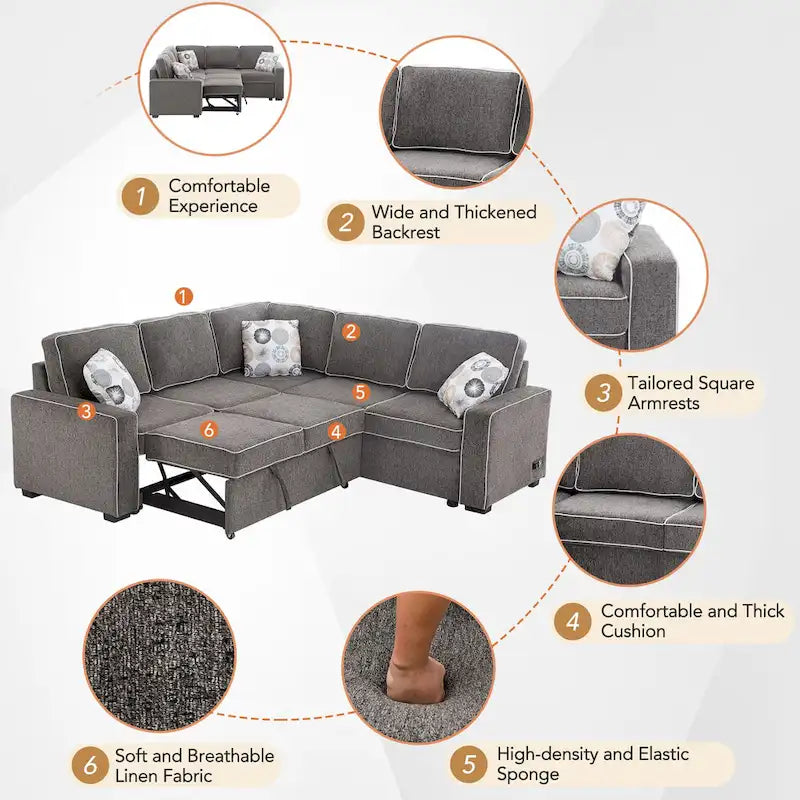 L-Shaped Pull Out Sofa Bed Modern Convertible Sleeper Sofa with 2 USB ports, 2 Power Sockets and 3 Pillows