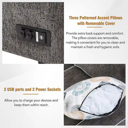 L-Shaped Pull Out Sofa Bed Modern Convertible Sleeper Sofa with 2 USB ports, 2 Power Sockets and 3 Pillows