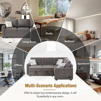 L-Shaped Pull Out Sofa Bed Modern Convertible Sleeper Sofa with 2 USB ports, 2 Power Sockets and 3 Pillows