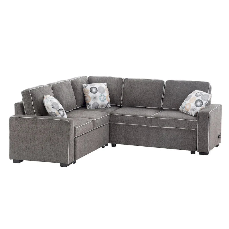 L-Shaped Pull Out Sofa Bed Modern Convertible Sleeper Sofa with 2 USB ports, 2 Power Sockets and 3 Pillows