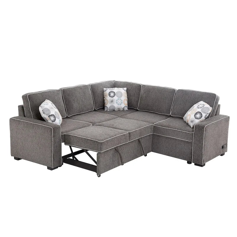 L-Shaped Pull Out Sofa Bed Modern Convertible Sleeper Sofa with 2 USB ports, 2 Power Sockets and 3 Pillows