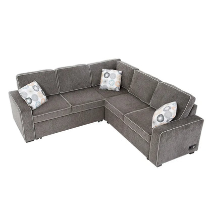 L-Shaped Pull Out Sofa Bed Modern Convertible Sleeper Sofa with 2 USB ports, 2 Power Sockets and 3 Pillows